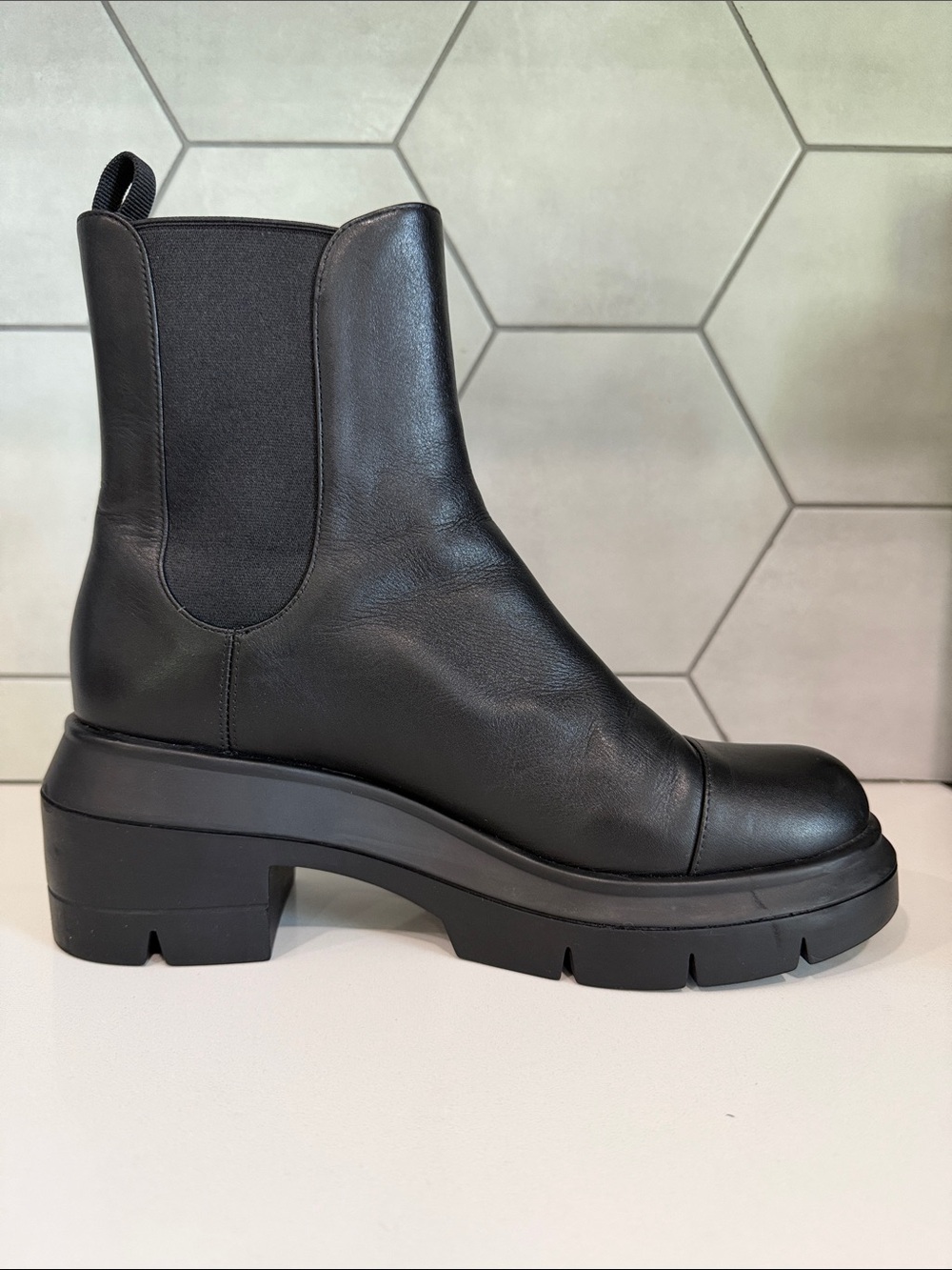 Stuart Weitzman Black Leather Platform Lug Boots - Picture 9 of 14
